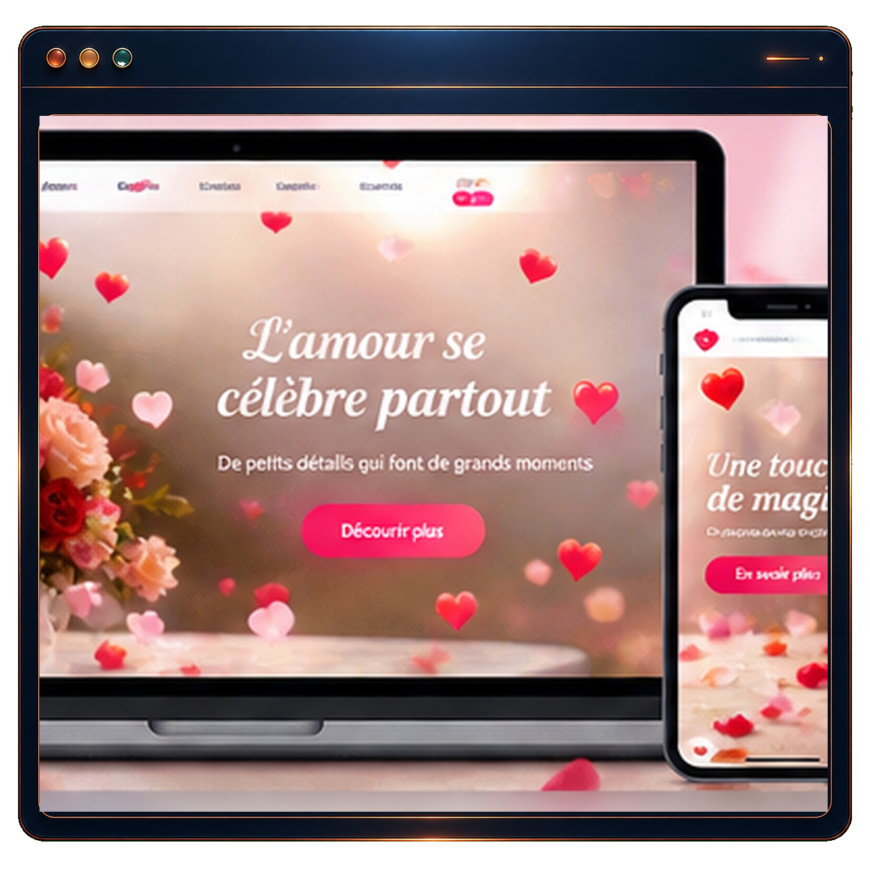 Aperçu de cœurs et pétales animés sur un site web