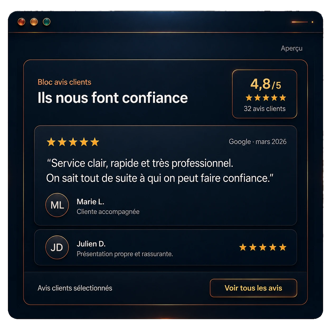 Aperçu de l’outil Avis clients pour WordPress