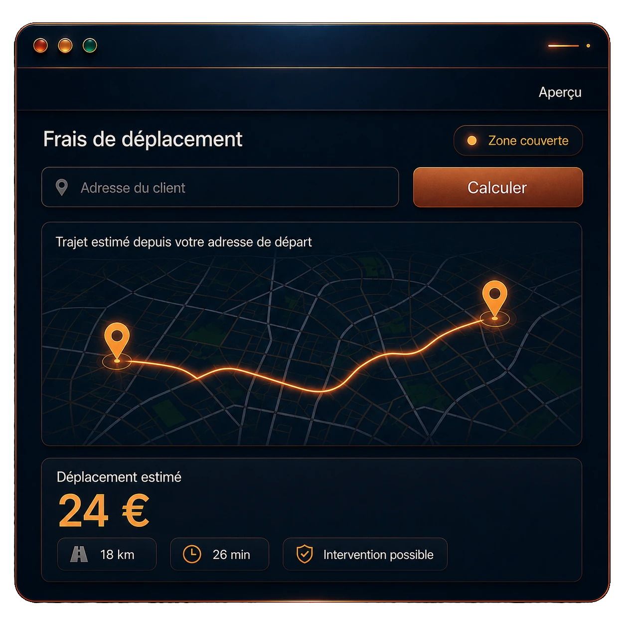 Aperçu du calculateur de frais de déplacement
