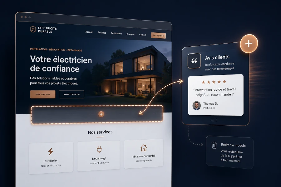 Illustration de l'ajout d'un outil Scripts HTML dans un template WebAcappella